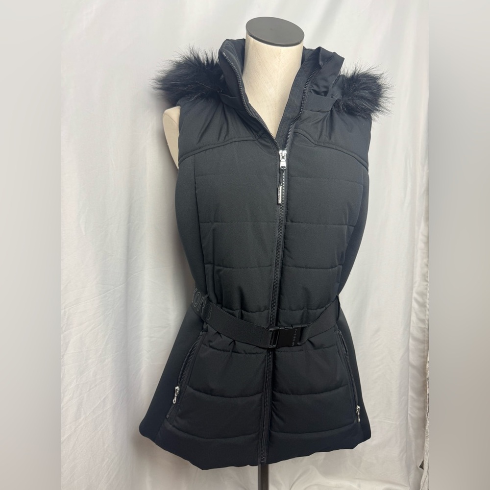 Michael Kors Black Hooded Puffer Vest Faux Fur Trim Medium NWOT